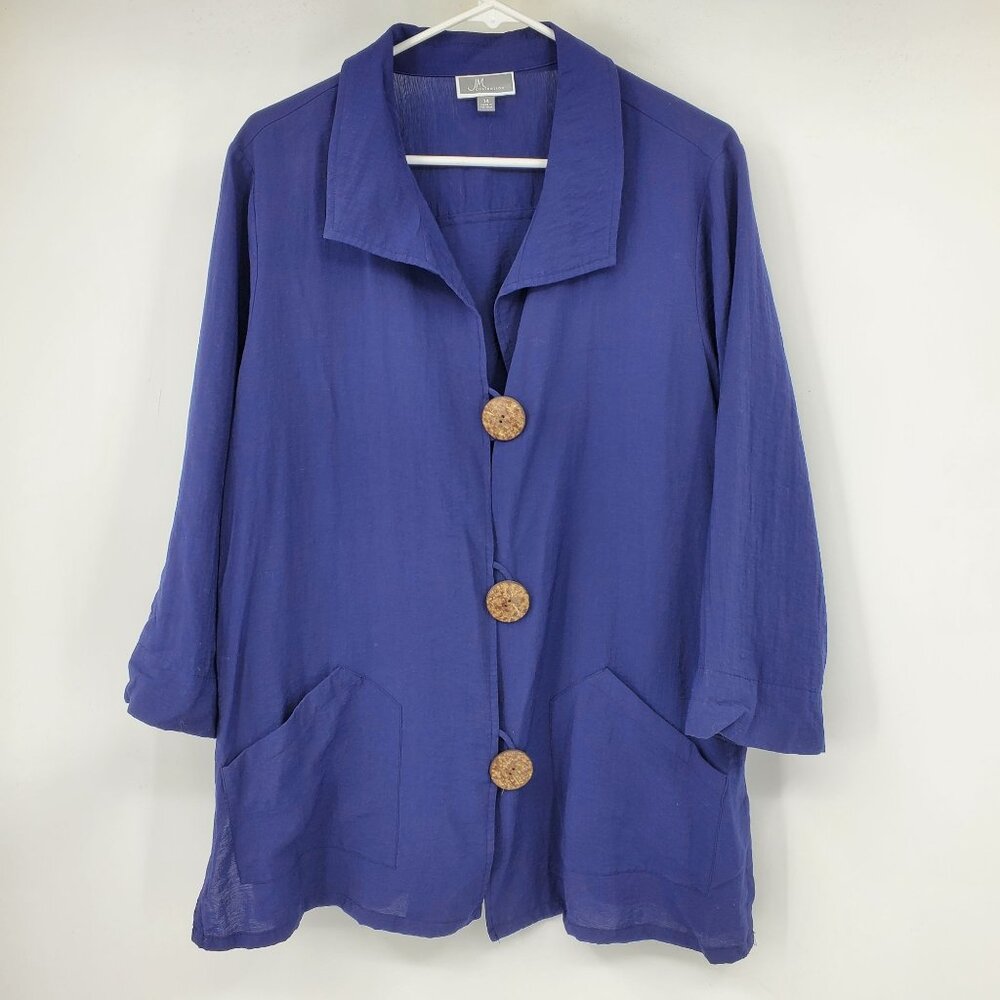 JM Collection‎ Blue Chunky Button Gauzey 3/4 Sleeve Lagenlook Shirt Top Size 14